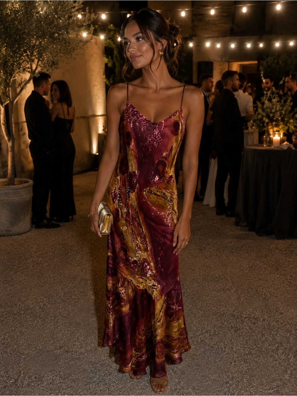 Paraphrase Burgundy & Gold Printed Maxi Slip Dress
